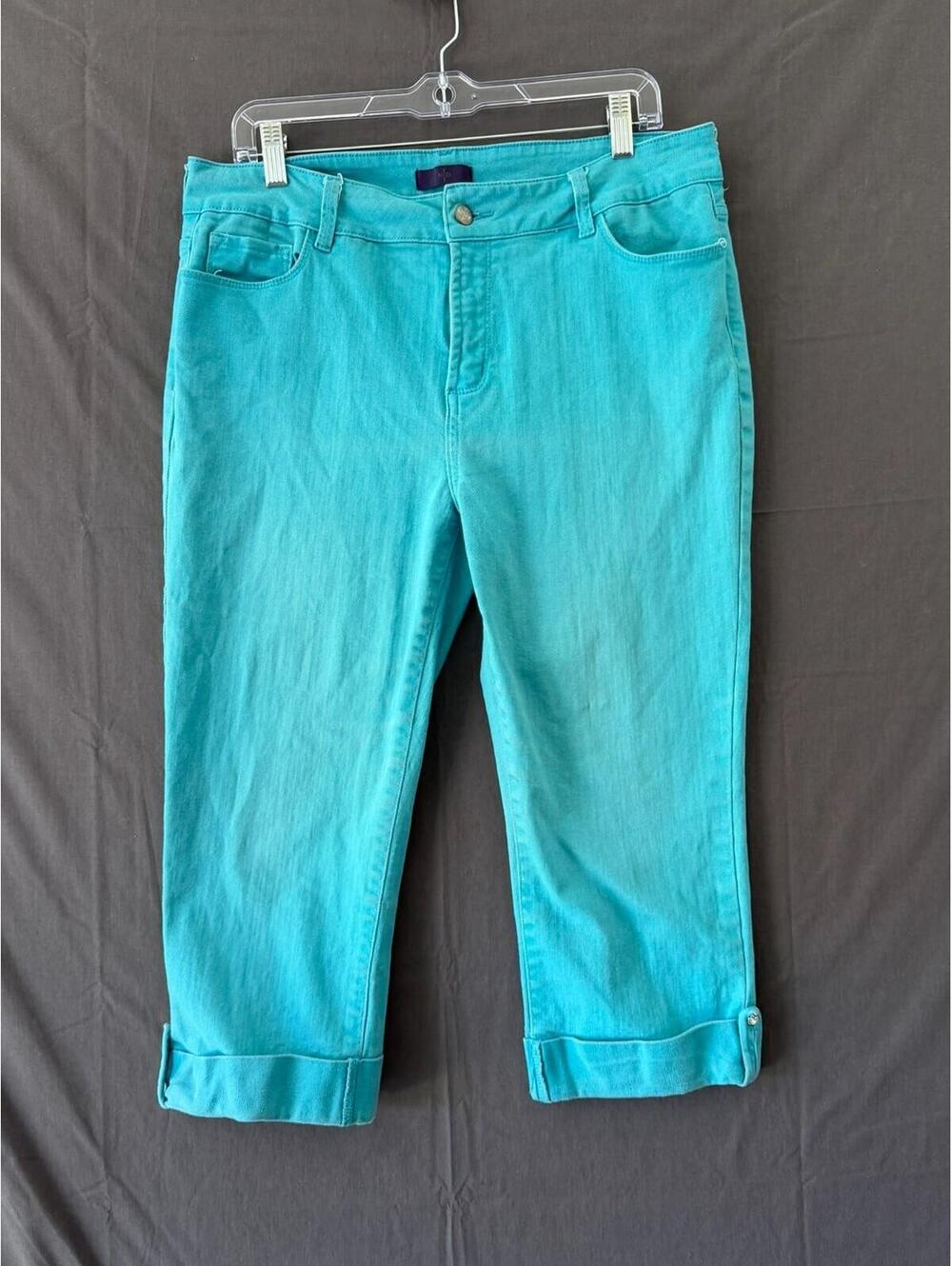NYDJ Womens Size 12 Teal Blue Capri Crop Pants Stretch Denim Button Cuff Casual